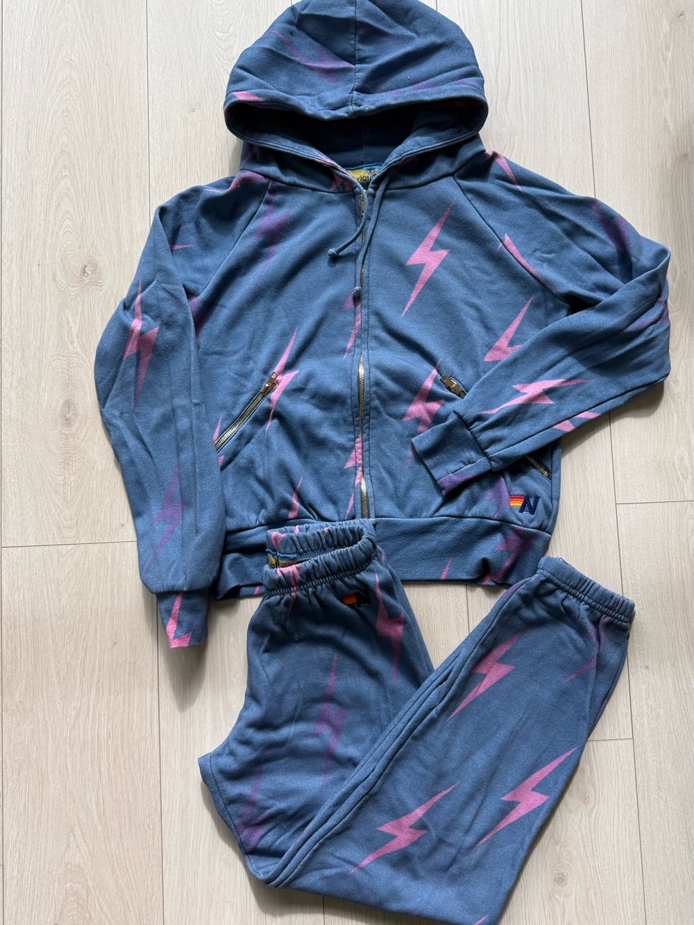 NWOT Aviator Nation Blue Hoodie & Sweatpants Set with Pink Lightning Print XS/S